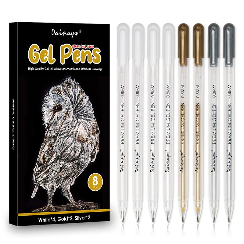 White Gold Silver Hightlight Gel Pen 8 PCS 0.8 Mm Nib Ballpoint Pens and 4 PCS Refills for Black Paper Drawing Painting Sketching
