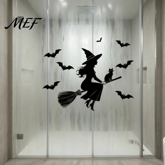 Flexible Cuttable Glass Film Halloween Witch Black Cat Static Window Stickers, Waterproof PVC Silhouette Decals, Weatherproof Removable Wall Art Decor