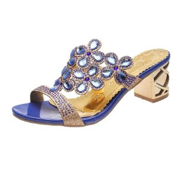 Летние сандалии, женские тапочки, роскошные женские туфли на высоком каблуке со стразами, тапочки на массивном каблуке с ромбовидными шипами