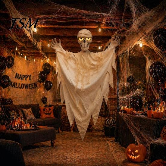 Voice Triggered Scary Prop Halloween Hanging Mummy Decoration with Sounds, 31.5 Inch Activated Terrifying Secret Room Glowing Skull Eyes for