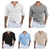 Men Spring Fall Shirt Lace-up V Neck Solid Color Long Sleeves Slim Fit Retro Soft Breathable Mid Length Pullover Casual Daily Top