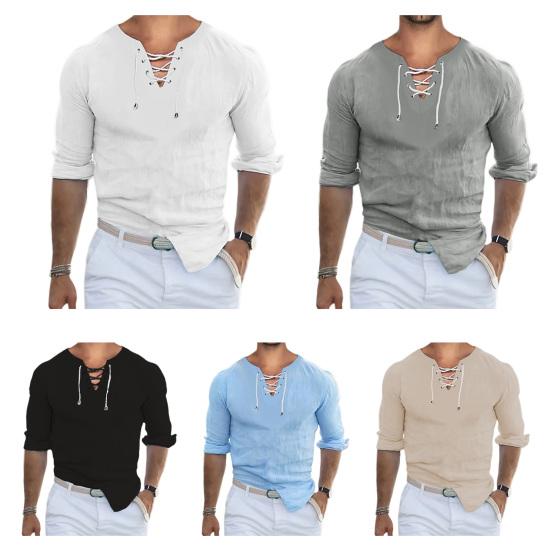 Men Spring Fall Shirt Lace-up V Neck Solid Color Long Sleeves Slim Fit Retro Soft Breathable Mid Length Pullover Casual Daily Top