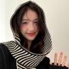Striped Hooded Hat Wool Yarn Shawl Neck Beanie Retro Scarf Hat  Female Fashion