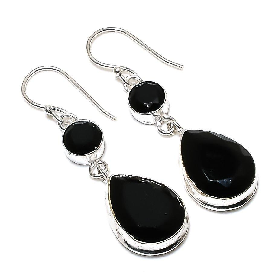 Black Spinel Gemstone 925 Sterling Silver Jewelry Earring 2.17"