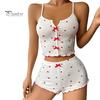 2 шт./комплект женский жилет шорты костюм бант сердечко принт без рукавов сборчатый топ с высокой талией короткие брюки домашняя одежда одежда для отдыха летняя одежда для сна