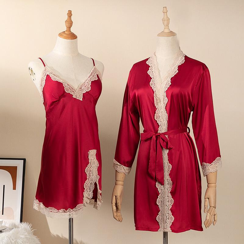 Женский банный халат с кружевной отделкой, ночная рубашка с подтяжками, комплект из двух предметов, сексуальный мини-халат из вискозы, свободная повседневная домашняя одежда