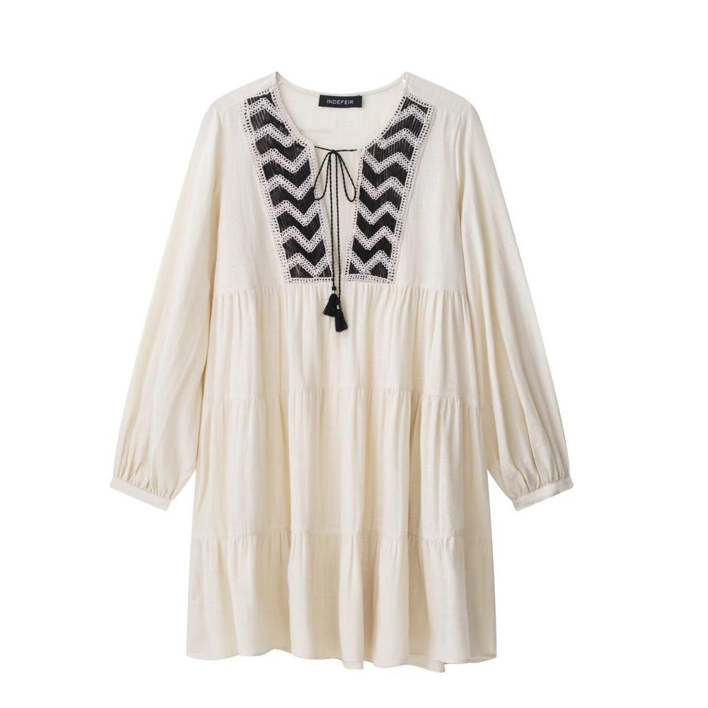 Summer Women's Embroidered Patchwork Long Sleeve Mini Dress