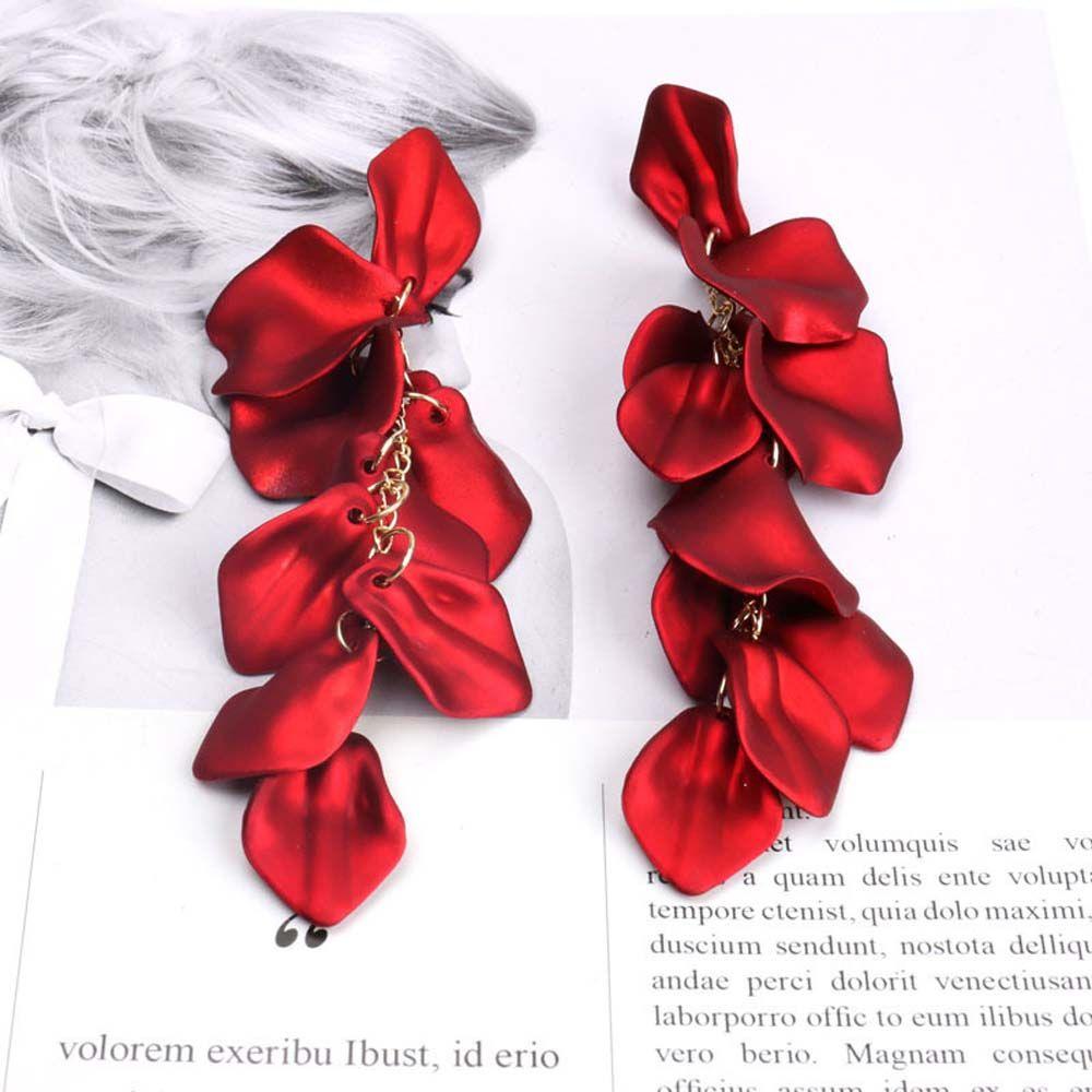 Vintage Red Rose Drop Petals Long Tassel Flower Jewelry Dangle Earrings Stud Earring Accessories