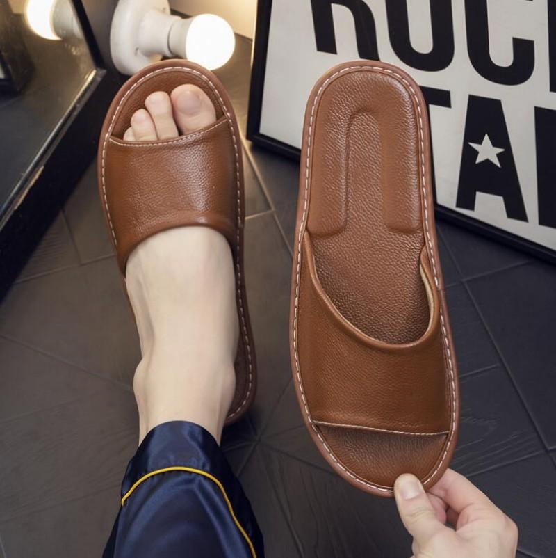 Big Sizes Genuine Cow Leather Slippers Homes In Indoor Slipper Summer Open Toe Sandals Men Women Elderly Casual Slides Shoes
