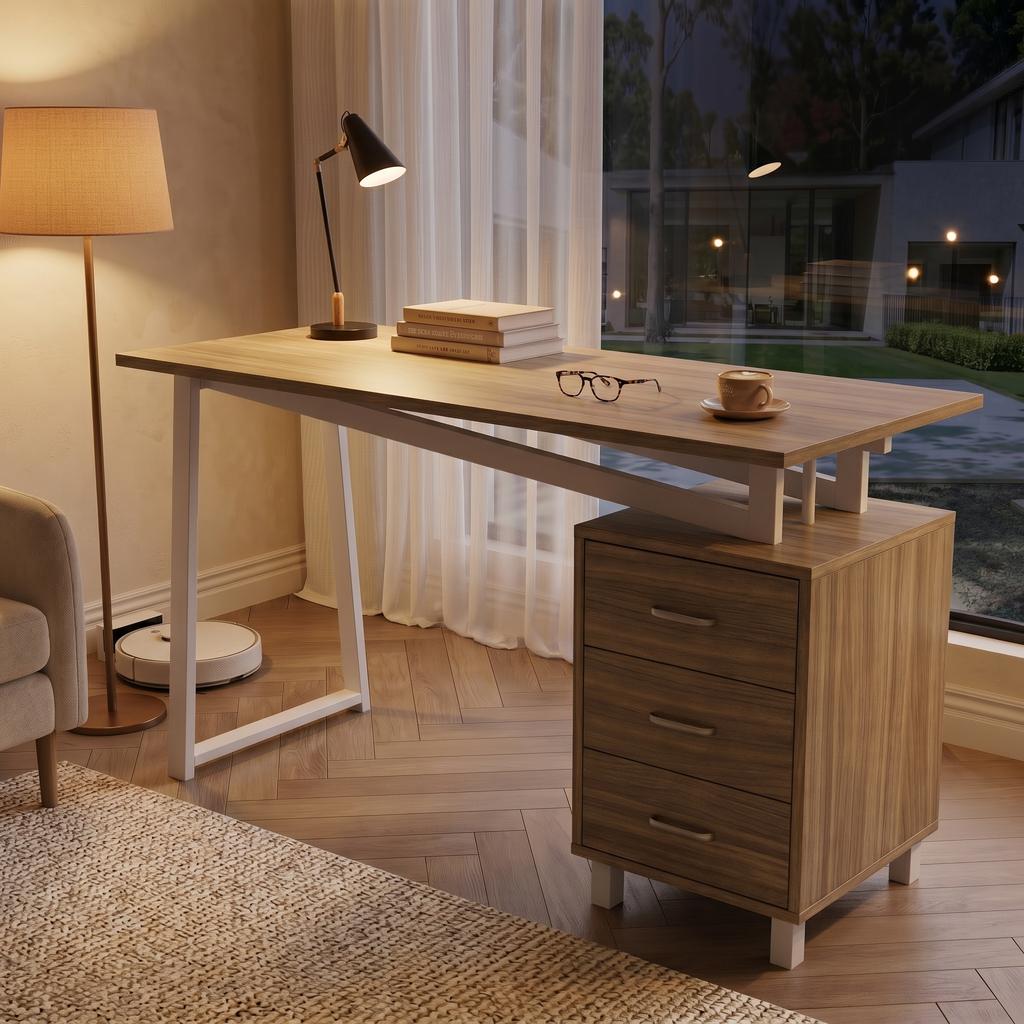130*55*75cm, Spacious Desk with Storage, High-Density MDF Material, Drawer Slides, Triangular Braces, Easy to Assemble and Clean, Natural Wood + White