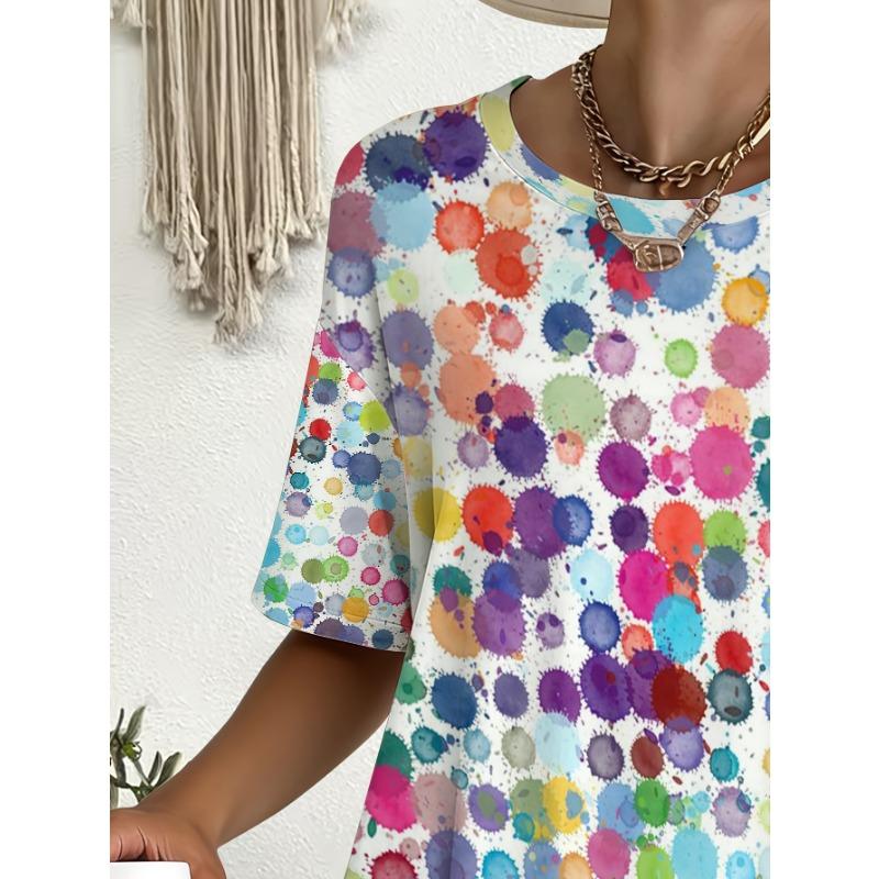 Large size women's T-shirt with colorful watercolor polka dot pattern and front pockets