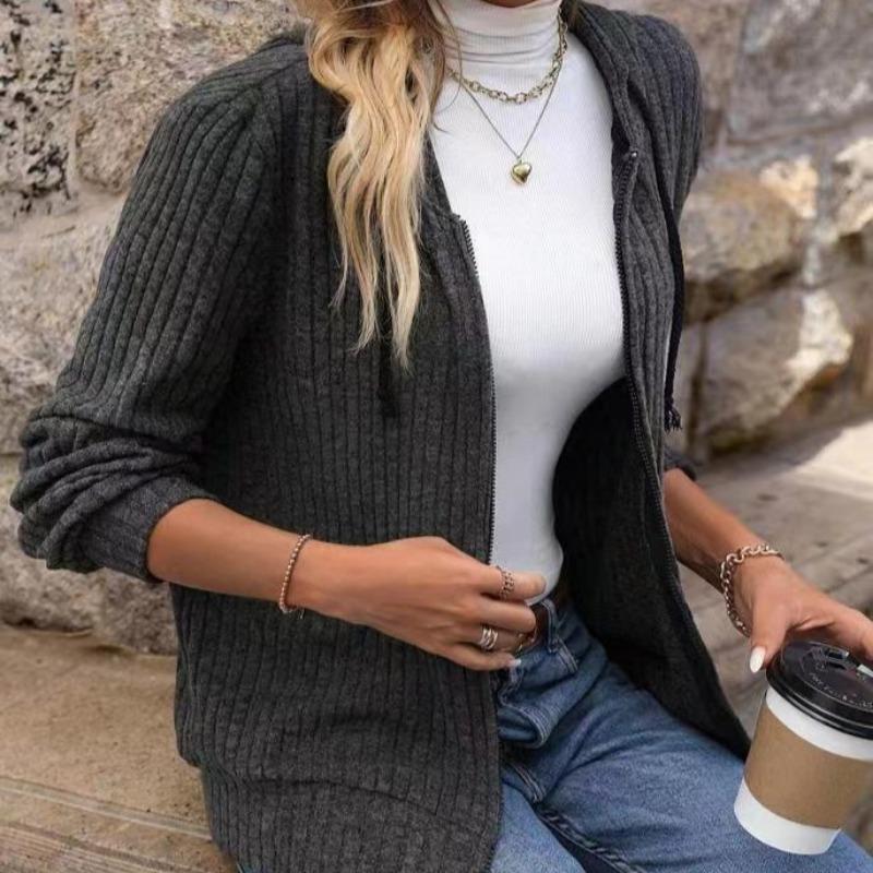 Новая осенняя повседневная полосатая куртка с капюшоном женская свободная трикотажная кардиган на молнии