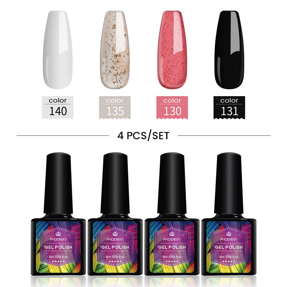 PHOENIXY: великолепные ногти с набором 4-цветного гель-лака — в него входит чистый лак, увлажняющий УФ-гель, светодиодный маникюр, дизайн ногтей и лак с блестками.