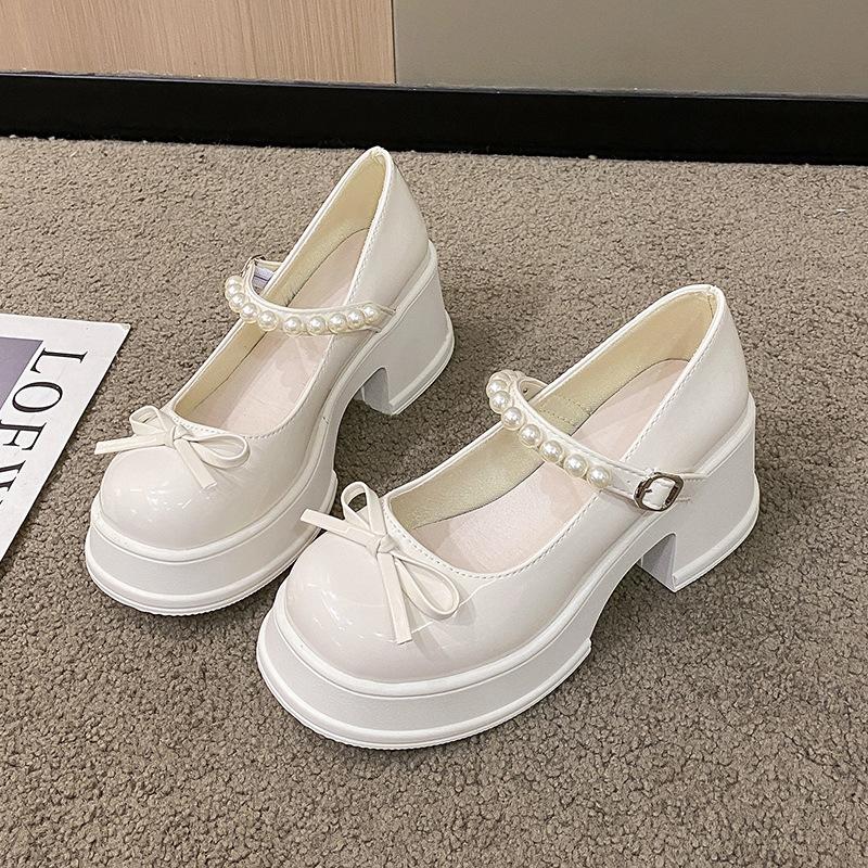 Туфли Мэри Джейн на платформе с ремешком из жемчуга, осень 2025, новые, с бантом, на толстом каблуке, одинарные туфли, женские, универсальные, повседневные, женские туфли