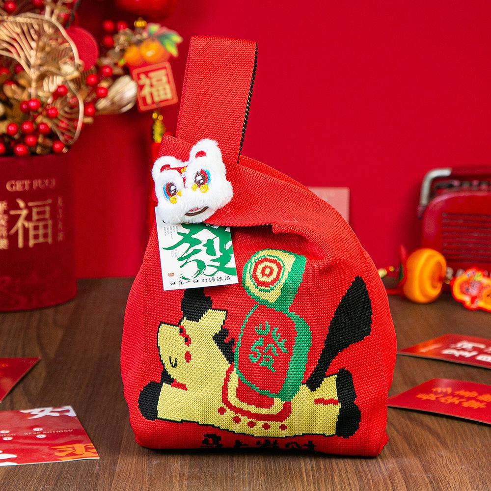 Год Лошади Красный Узел Сумка на Запястье Мультяшный Талисман Пони Вязаная Конфетная Сумка-Тоут Многоразовая Сумка для Покупок Подарочная Упаковочная Сумка
