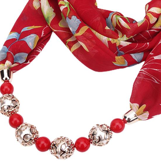 Beads Pendant Floral Print Necklace Scarf Simple Ethnic Style Vintage Chiffon Scarf for Home