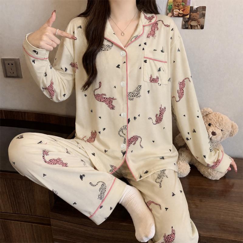 Japanese and Korean style cartoon cute pet pajamas women's autumn new imitation cotton thin loose loungewear long-sleeved two-piece set