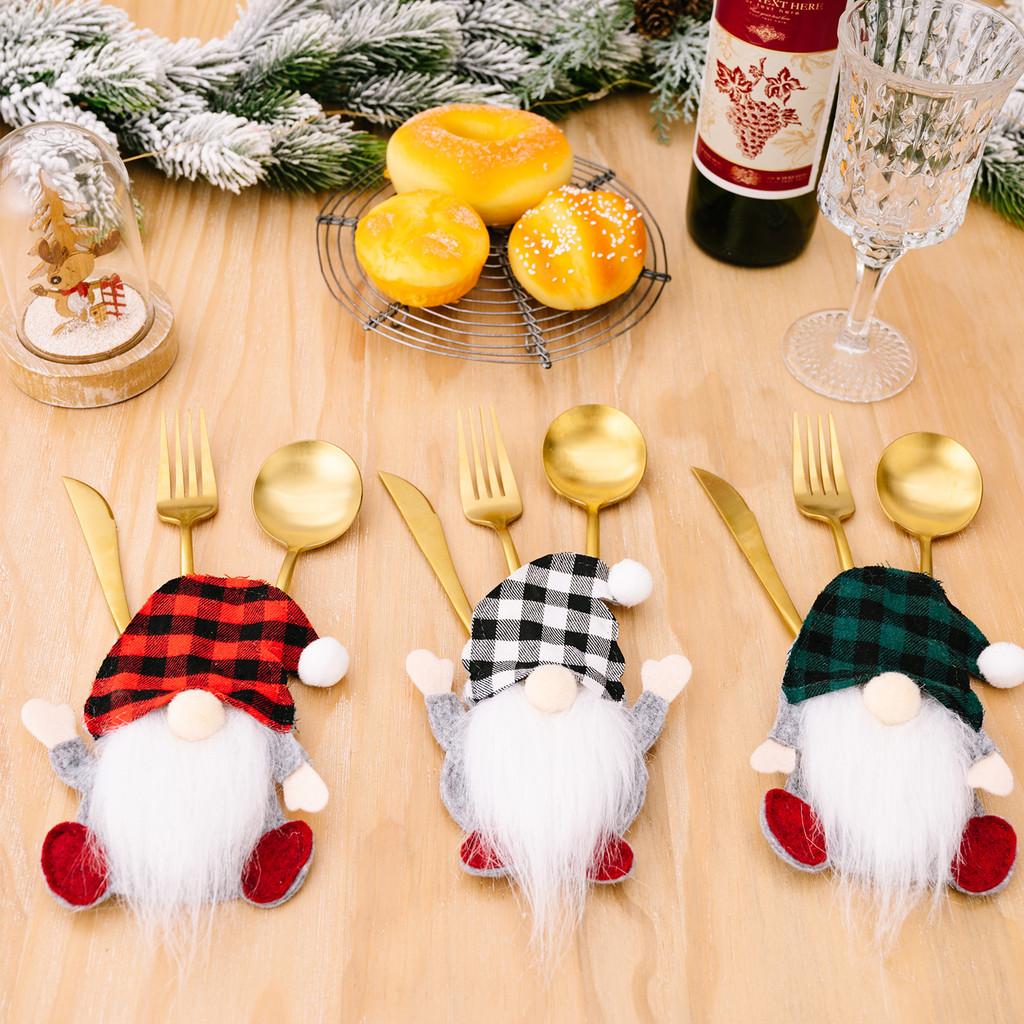 Festive Checkered Hat Gnome Tabletop Ornament With Cutlery Holder For Holidays