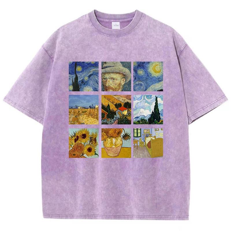Футболки женские из хлопка стираные Футболки с принтом «Звездная ночь и подсолнухи Ван Гога» Футболки с потертостями и круглым вырезом, свободные топы