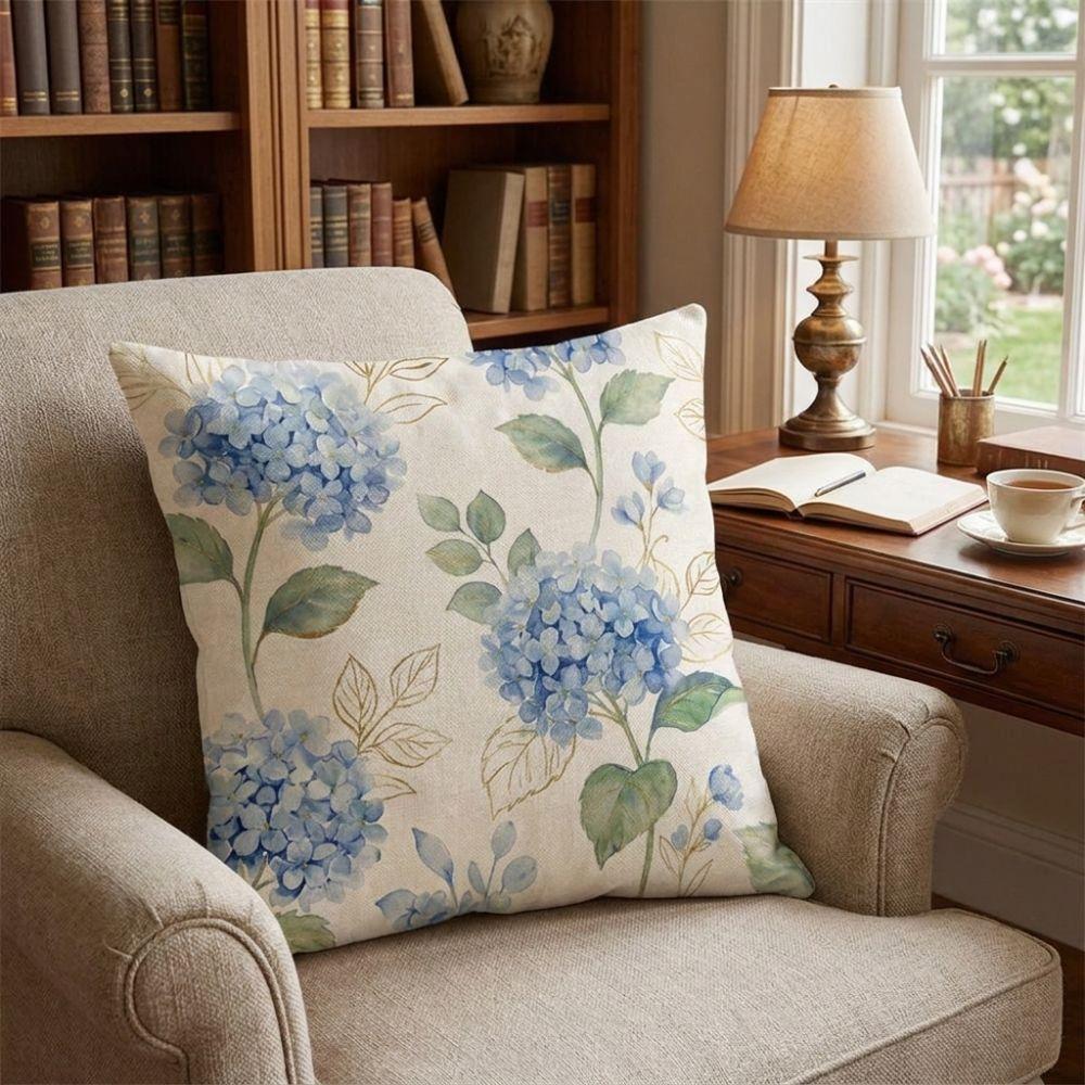 Linen Floral Pillow Cover Skin-Friendly Cushion Case Pillowslip Hydrangea Cushion Cover Bedroom