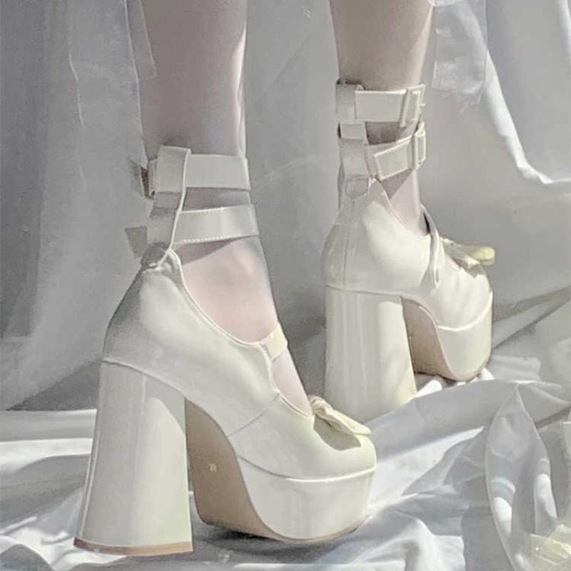 Туфли на толстой платформе с высоким каблуком, пряжкой на высоком каблуке, с круглым бантом, женские туфли Мэри Джейн в стиле Лолиты с ремешком на щиколотке, косплей-туфли