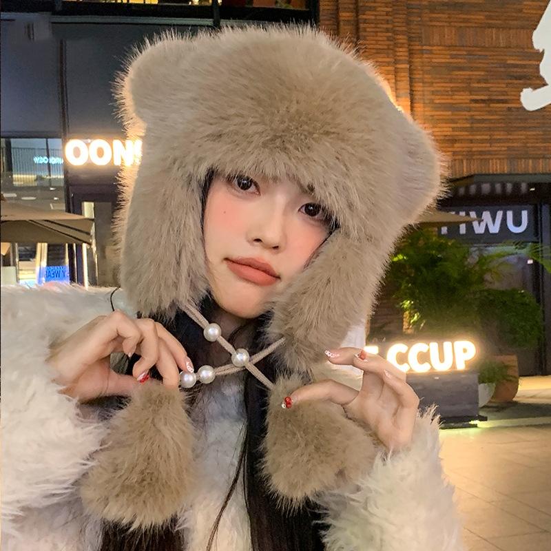 Женская осенне-зимняя теплая утолщенная защитная шапка с холодным мехом и бархатными ушками для улицы, шапки-бомберы с бантом из медвежьих ушей, милая кепка Lei Feng