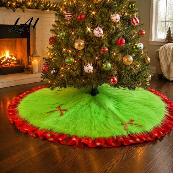 Cozy Tree Skirt for Pets Red Green Christmas Skirt 36/48 Inch Thick Faux Fur Xmas Winter Holiday Party Supplies Mat Furry Plush Round Carpet
