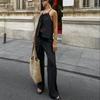 Retro Solid Color Round Neck Lace Up Sleeveless Top Sets Elegant High Waist Loose Wide Leg Pants Suit 2025 Summer Lady High Street Outfits
