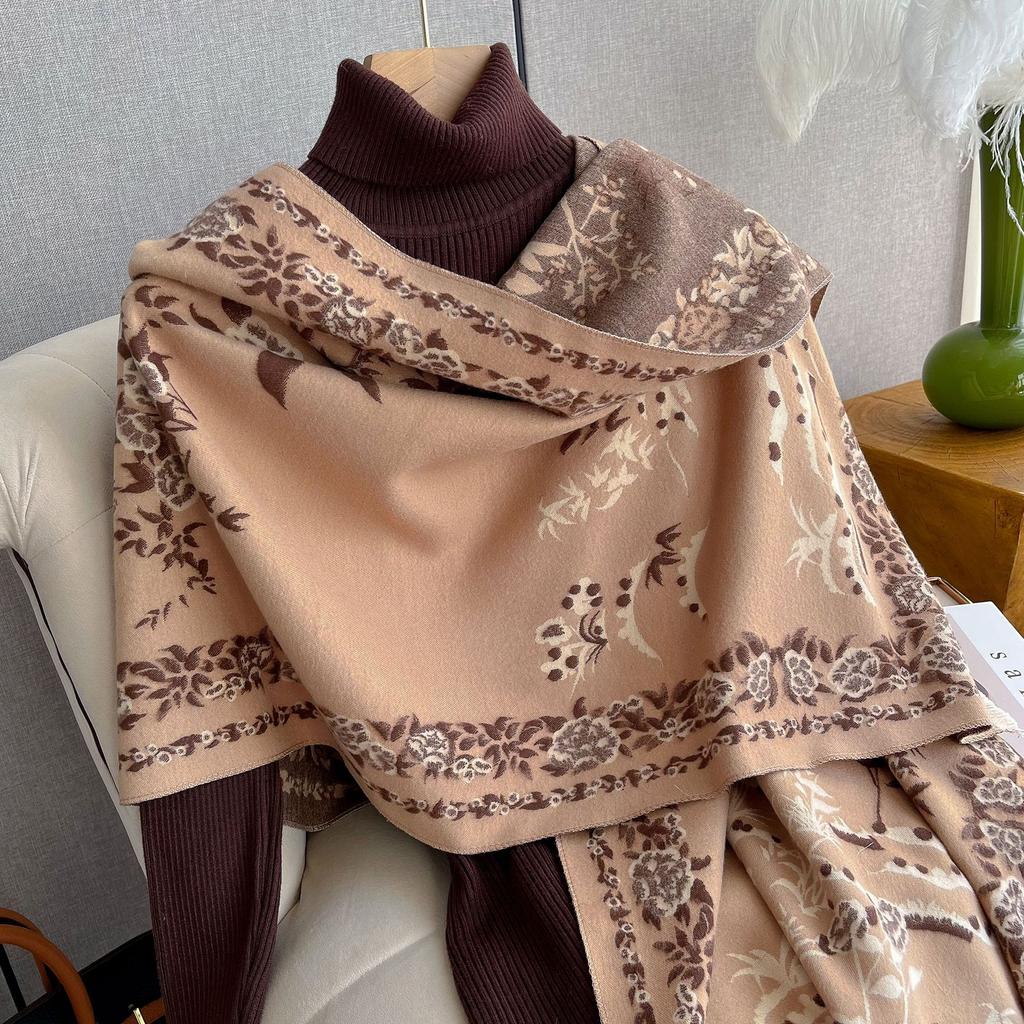 Classic Floral Print Polyester Scarf for Women - Thick Warm Shawl with Short Fringe - Weekend Casual Decorative Wrap - Windproof, Woven Craftsmanship