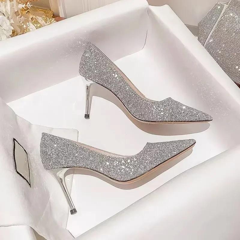 Fashion High Heels Women Wedding Shoes Bride Gold Heels Luxury Designer Elegant Party Sandals Dress Strip Pole Dance Sexy Silver Heels