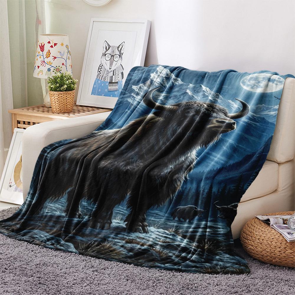 1PC Moonlit Highland Yaks Print FlAannel Blanket, High quality Comfortable for All Seasons, Home Decor, Warmth and Comfort