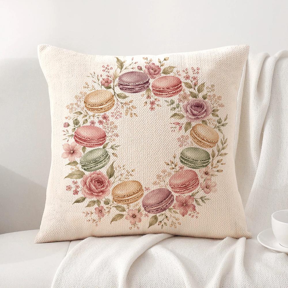Macarons and Floral Cushion Cover Linen Organic Fabric DoubleSided Printing Sofa Breathable Home Decor Gift Pillow Case