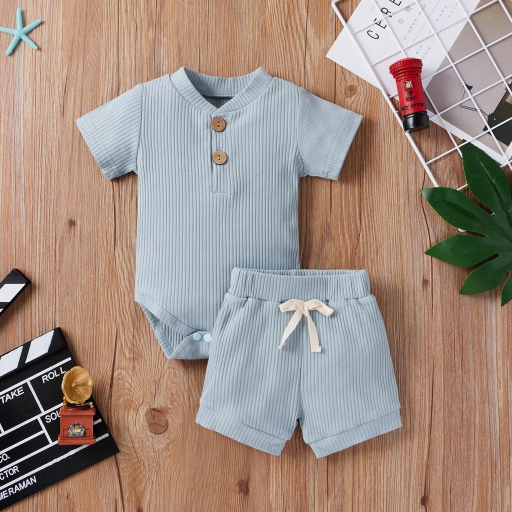2Pcs Unisex Baby Summer Outfits, Solid Color Ribbed Stand Collar Short Sleeves Romper + Elastic Waist Shorts for Toddler
