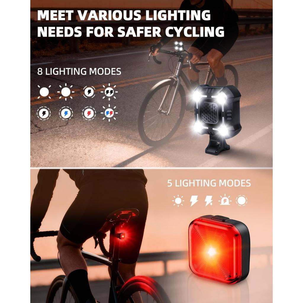 140dB Bike Horn with Front and Rear Light, 2in1 Bicycle Bell Control Switch LED Light, Rechargeable Waterproof, 8+5 Modes Headlight and Tail Light