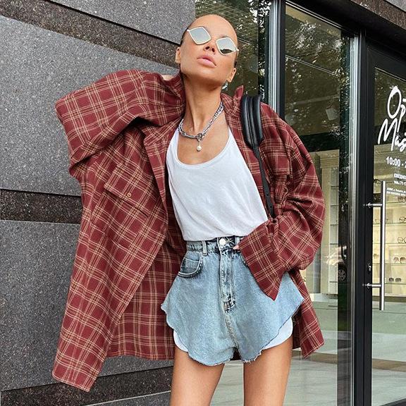American retro brick red Scottish plaid loose shirt 1116 autumn new European and American plaid shirt women's clothing