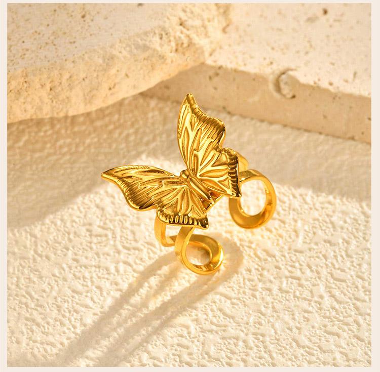 Y2K Hollow Butterfly Statement Ring, Stainless Steel Open Adjustable Band, Tarnish Free 18K Gold Plated Fashion Jewelry
