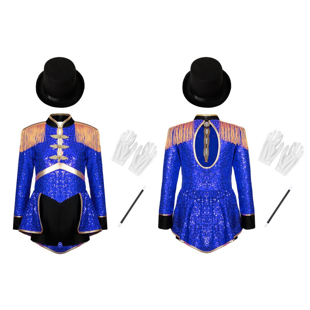 4Pcs Kids Girls Ringmaster Circus Magician Drummer Cosplay Costume Sequins Bodysuit with Hat Gloves Wand Set Halloween Circus Costume