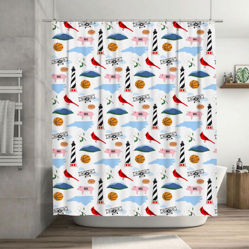 Blue and White Shower Curtain Decorative with Various Patterns including Black White Lighthouses, Red Cardinals, Pink Hogs, Airp