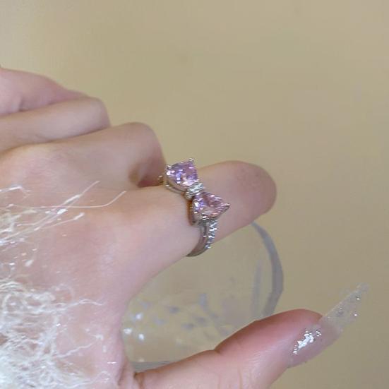 Lady Open Ring Adjustable Pin Cubic Zirconia Bow Shape Smooth Polished Finger Jewelry Daily Prom Party Knuckle Ring