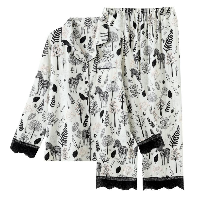Простая двухслойная женская пижама из чистого хлопка с марлей, весна/осень, тонкая, с длинными рукавами, свободная домашняя одежда, черная пижама с принтом «зебра и лес»