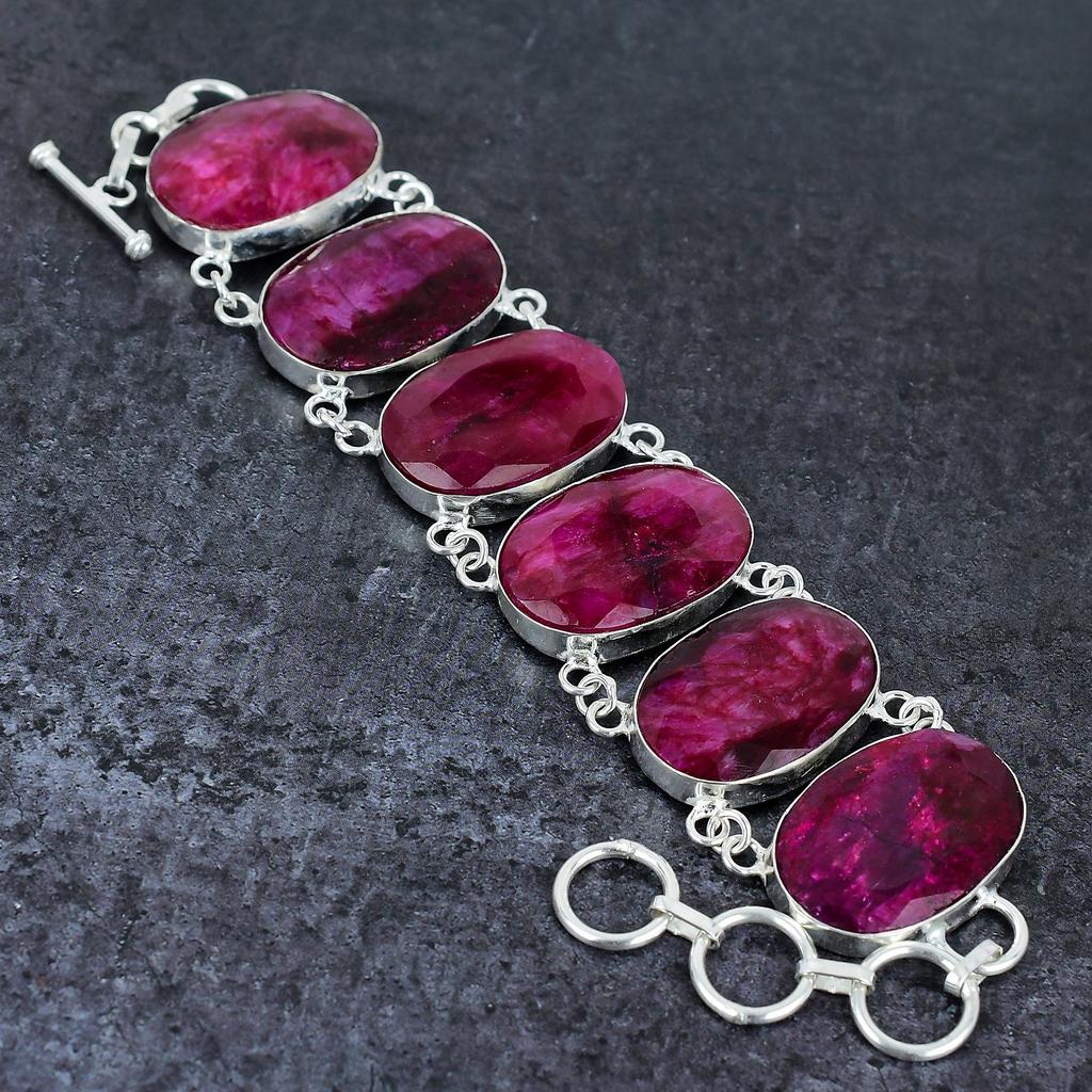 Kashmir Ruby NaturalGemstone 925 Sterling Silver Bracelet 7-8 W8f17