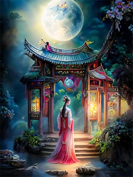 Китайская Древняя Женщина Лунный Пейзаж Постеры и Принт Абстрактная Холст Живопись Настенное Искусство Фэнтези Картины Гостиная Домашний Декор