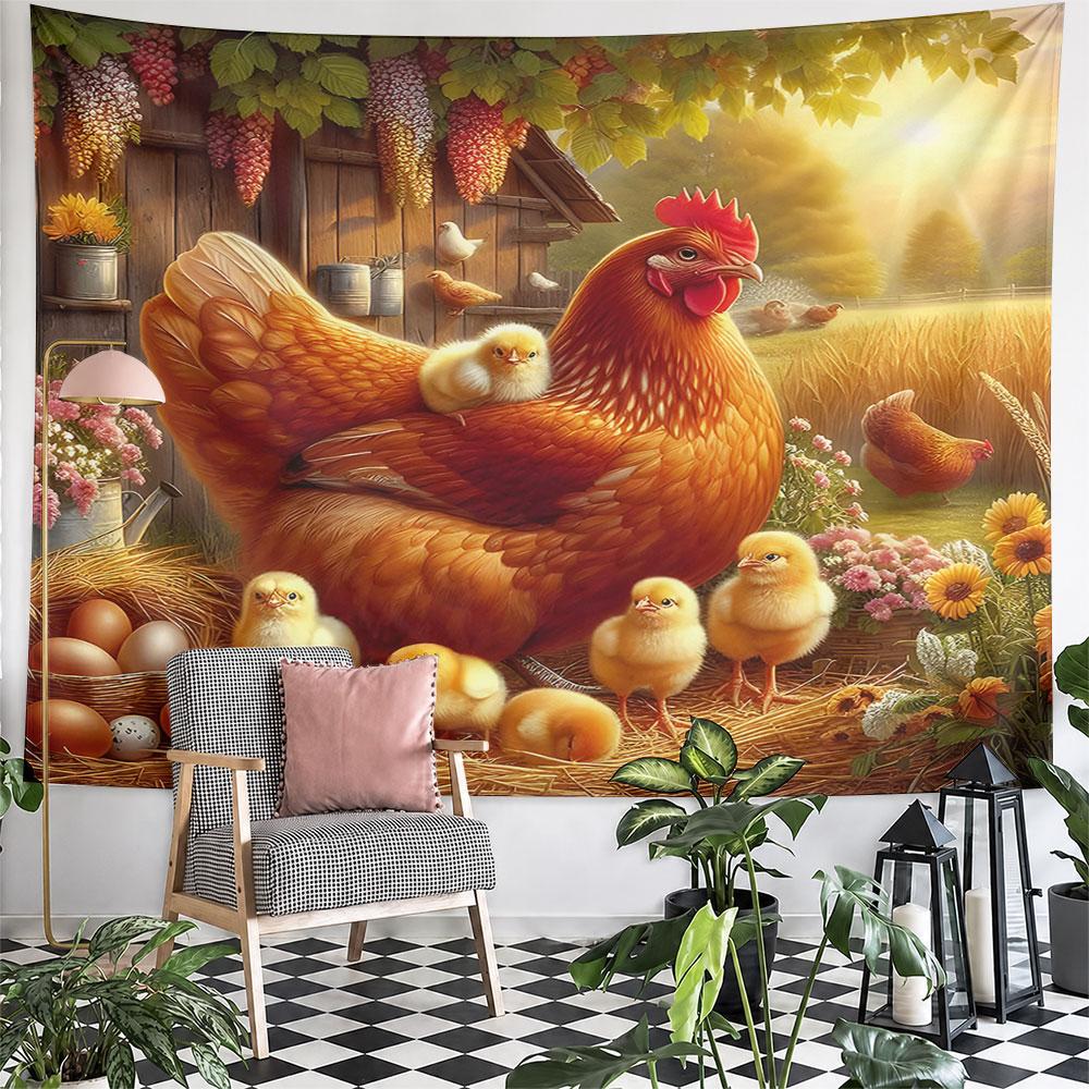 "Farm Hen with Chicks in Sunny Field" Pattern Wall Hanging Tapestry Decorative Tapestry Home Decor for Bedroom and Living Room