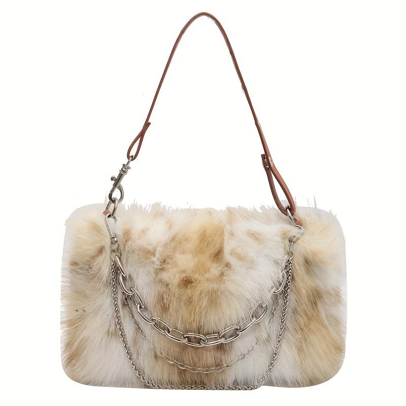 Classic Tie Dye Plush Satchel Bag, Women's Novelty Handbag, Faux Fur Chain Decor Purse For Winter