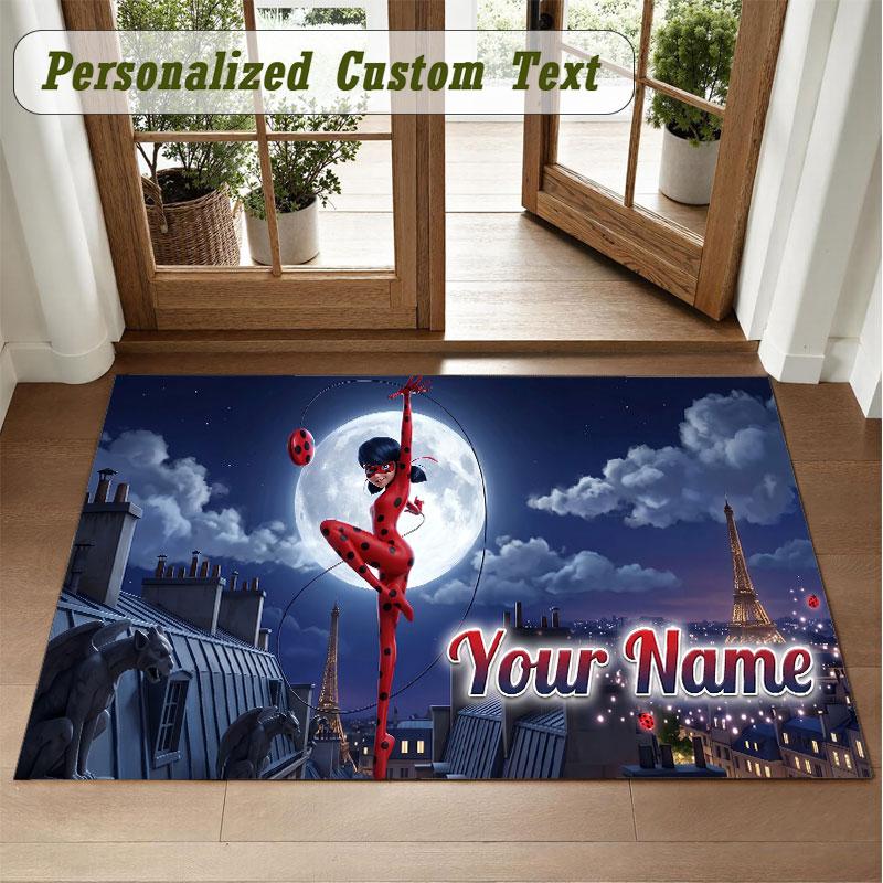 Crystal Velvet Square Rug Custom NameMiraculous Ladybug Pattern Non Slip Home Floor Decor Rug