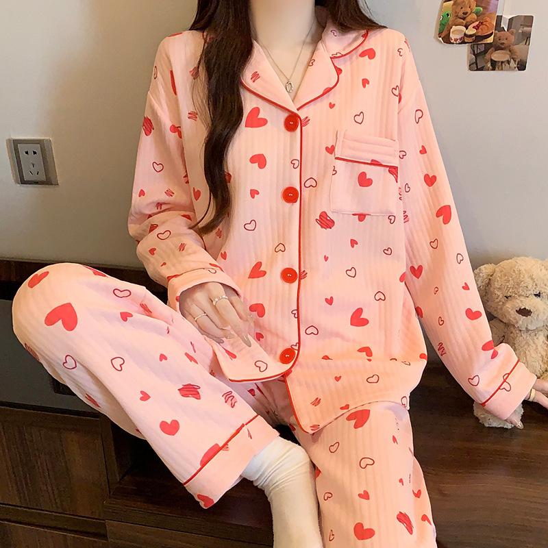 Air cotton sandwich pajamas women's autumn and winter long-sleeved cute dachshund dog polka dot warm loungewear set