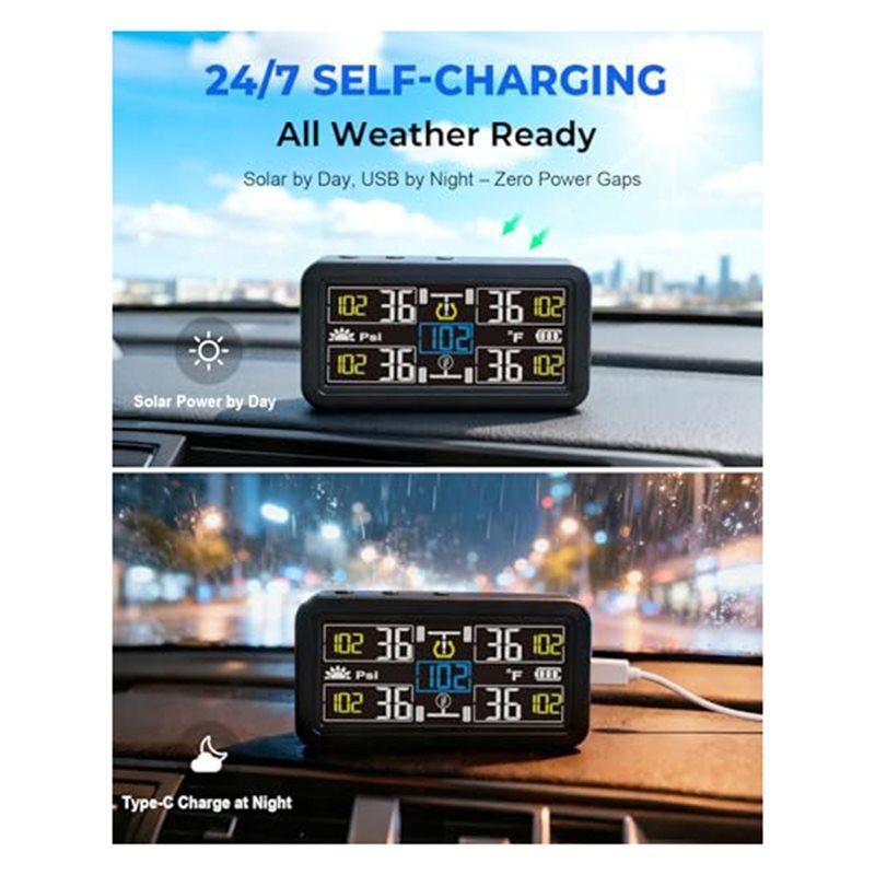 Solar Tire Pressure Monitor With 4 Inch Inch LCD Display TPMS System 5 Modes For RV/Trailer/Truck