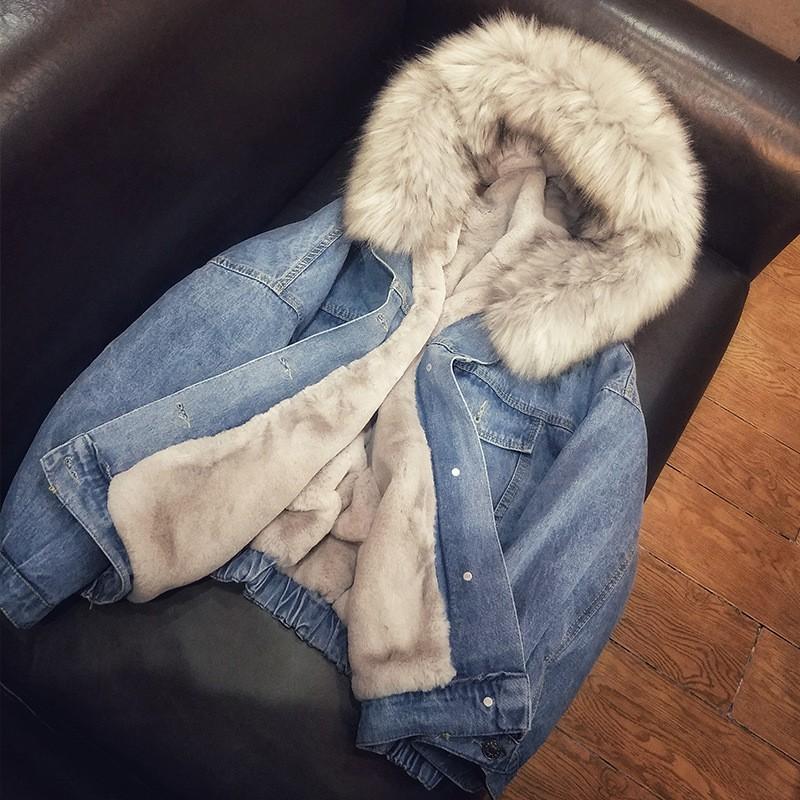 Женский oversized джинсовый пальто-худи со съемным воротником из искусственного меха, толстая теплая куртка на хлопковой подкладке, зимняя