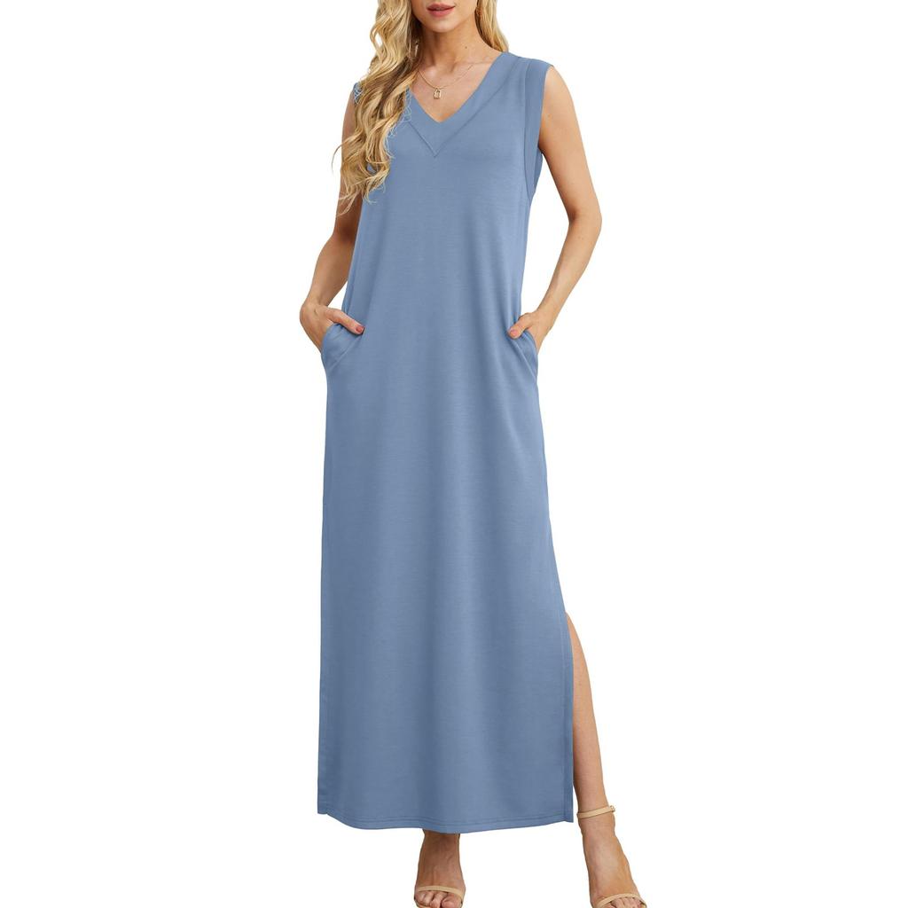 Женское летнее платье-макси без рукавов, повседневное платье-трапеция с круглым вырезом, длинное пляжное платье-майка