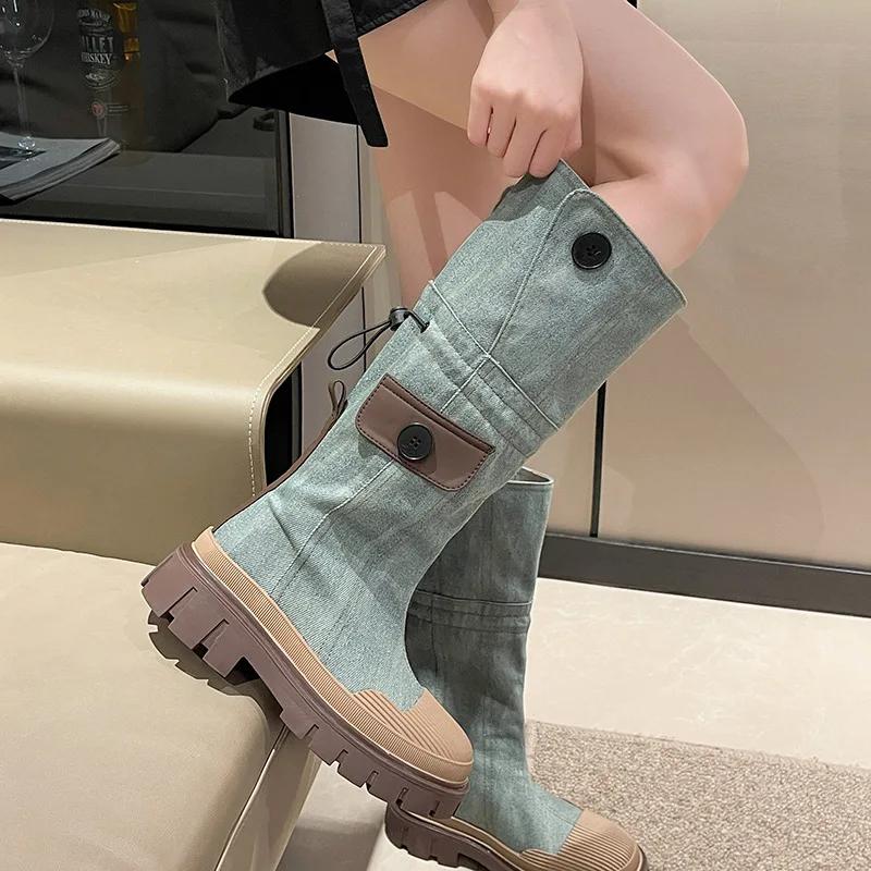 Fashion Classic Women's Long Boots for Spring and Autumn 2024, New Thick Soled Retro Denim Boots, High Cut Casual Versatile Knight Boots